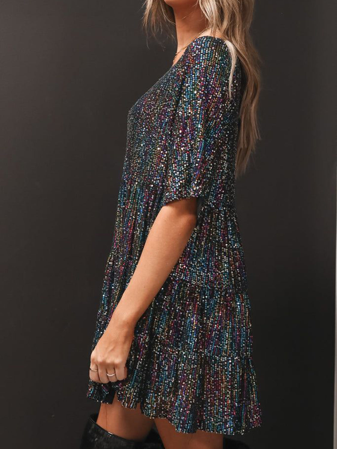 Sequin Round Neck Half Sleeve Mini Dress