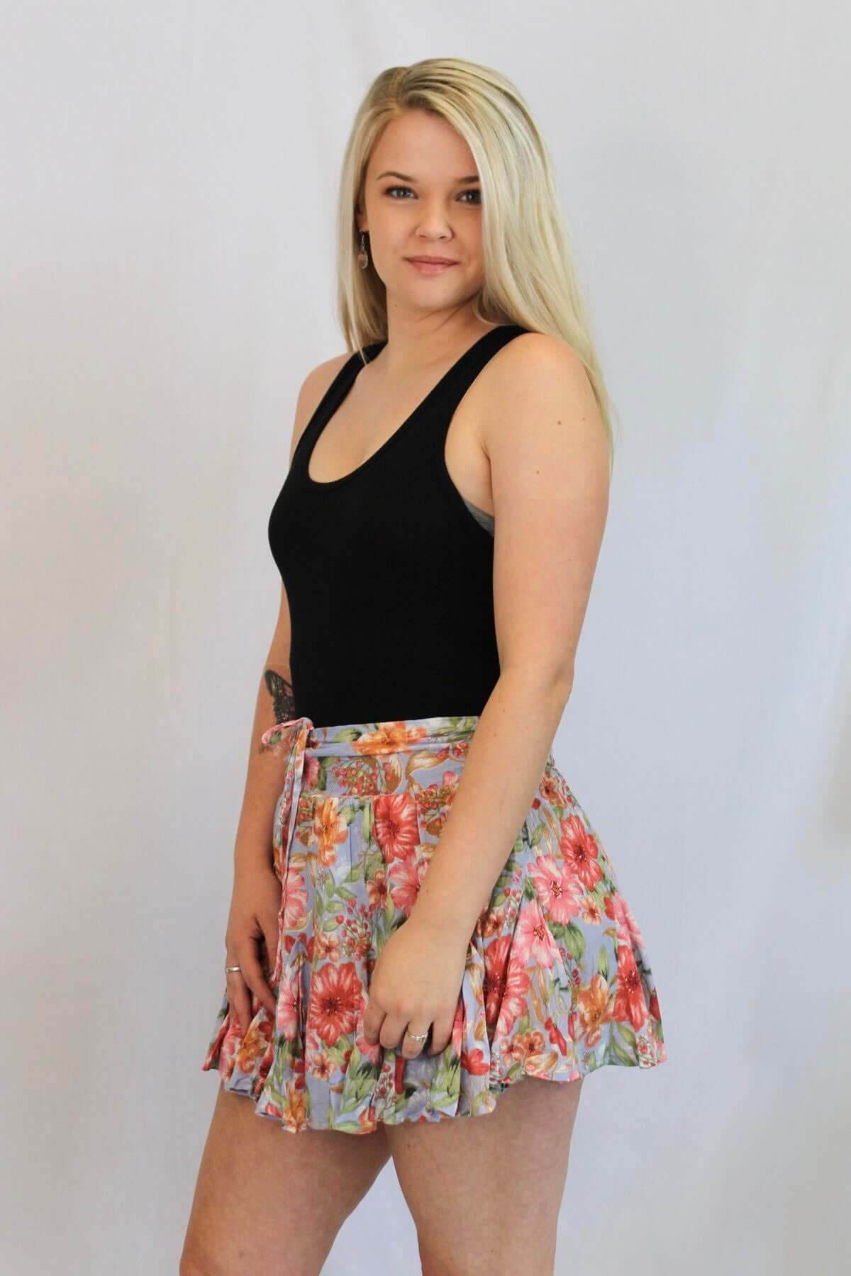 Hanna Gauze Floral Flare Skort with Ruching on Waist