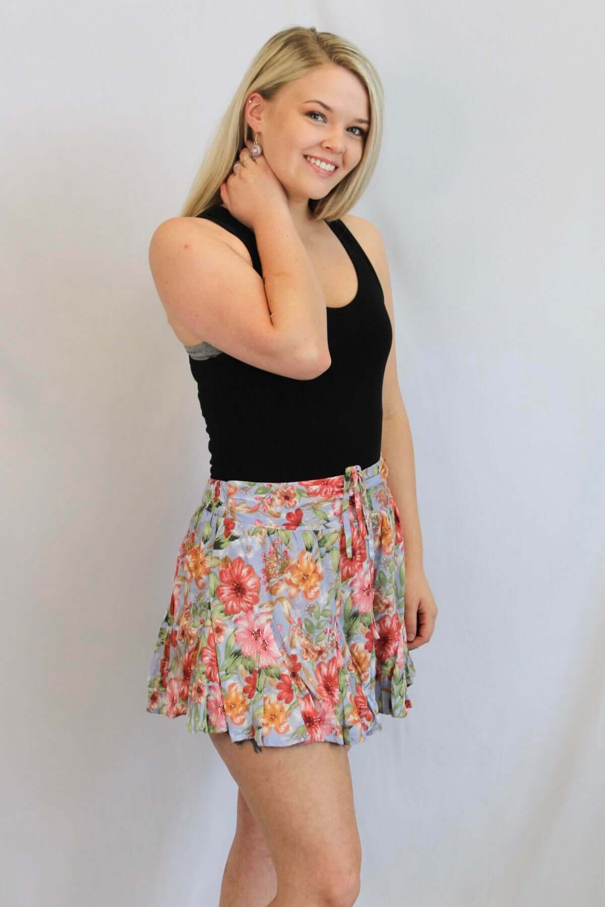 Hanna Gauze Floral Flare Skort with Ruching on Waist