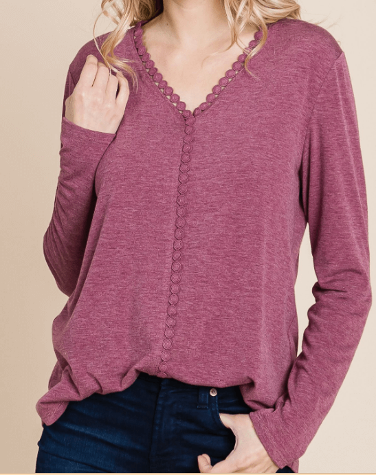 Fern Solid V Neck Long Sleeve Top