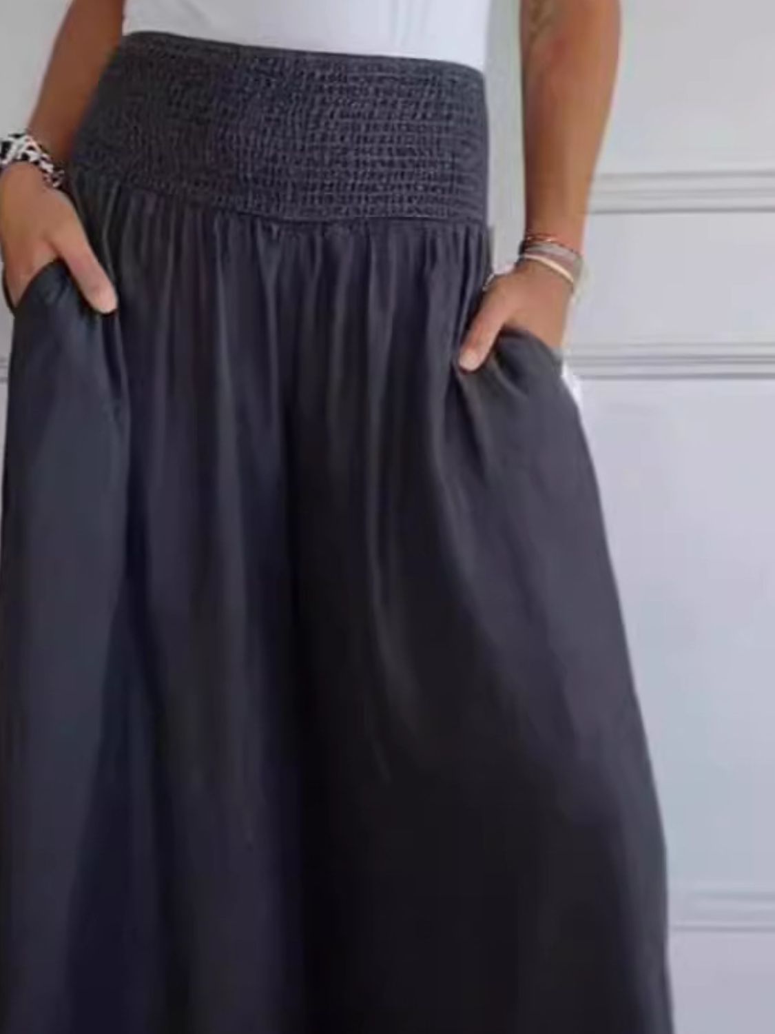 Smocked Wide Leg Pants with Pockets