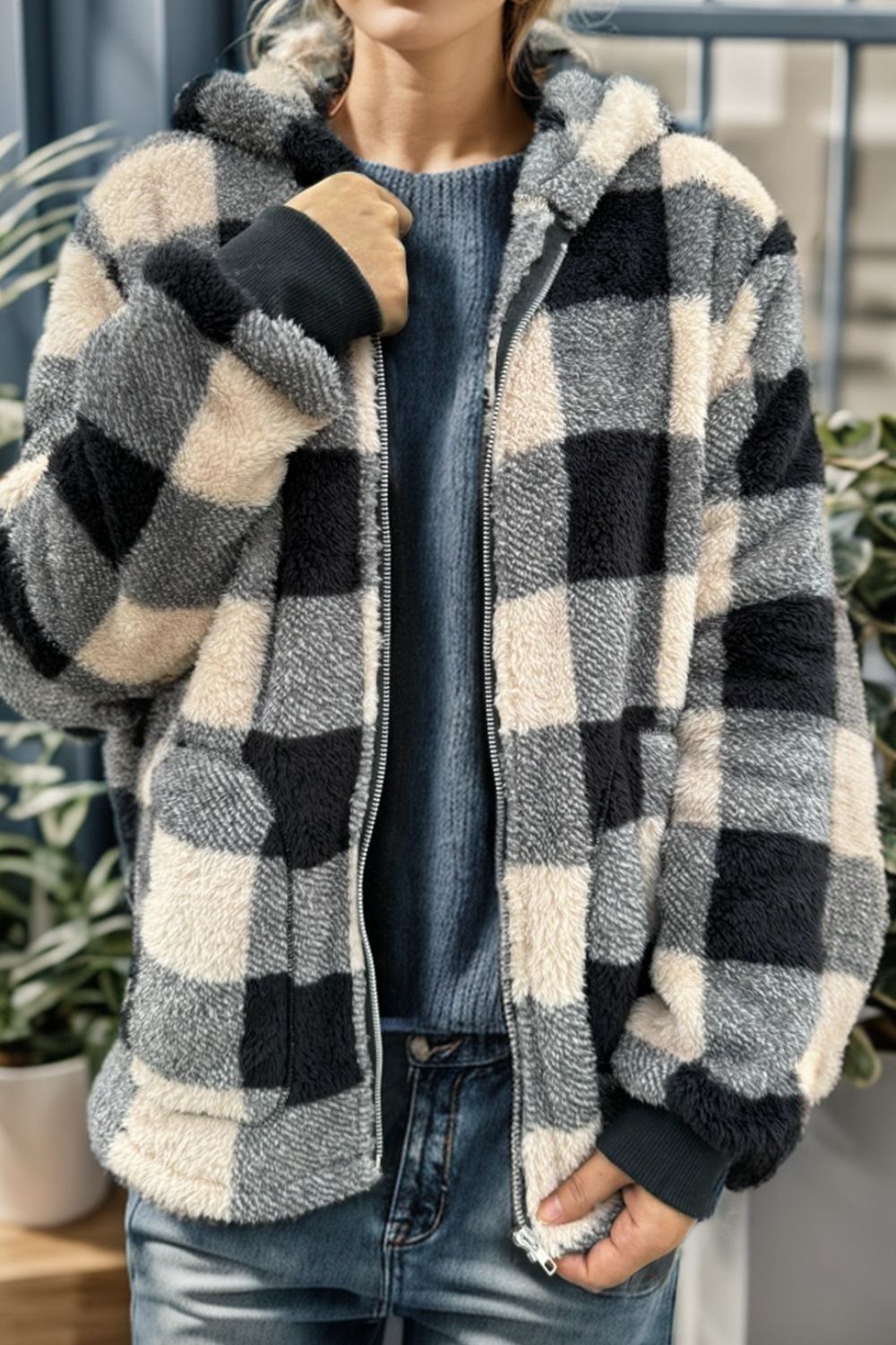 Plaid Long Sleeve Hooded Coat