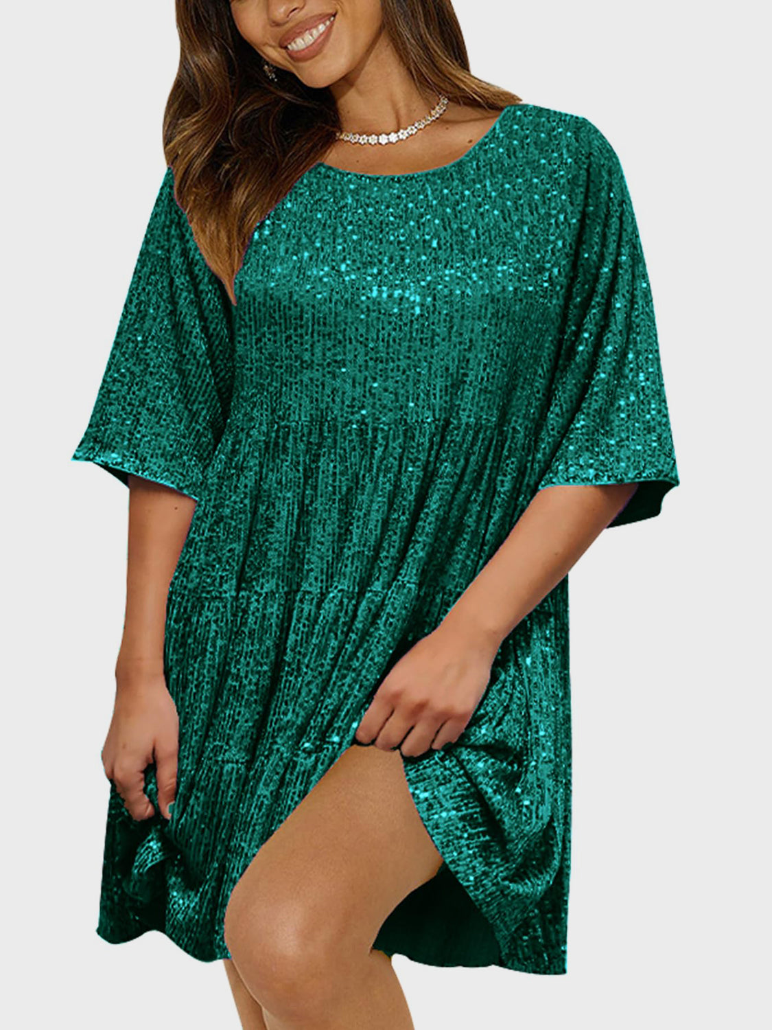 Sequin Round Neck Half Sleeve Mini Dress