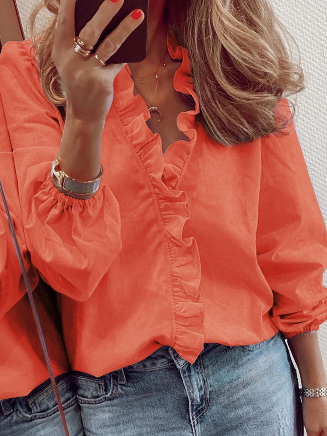 Ruffled V-Neck Long Sleeve Blouse