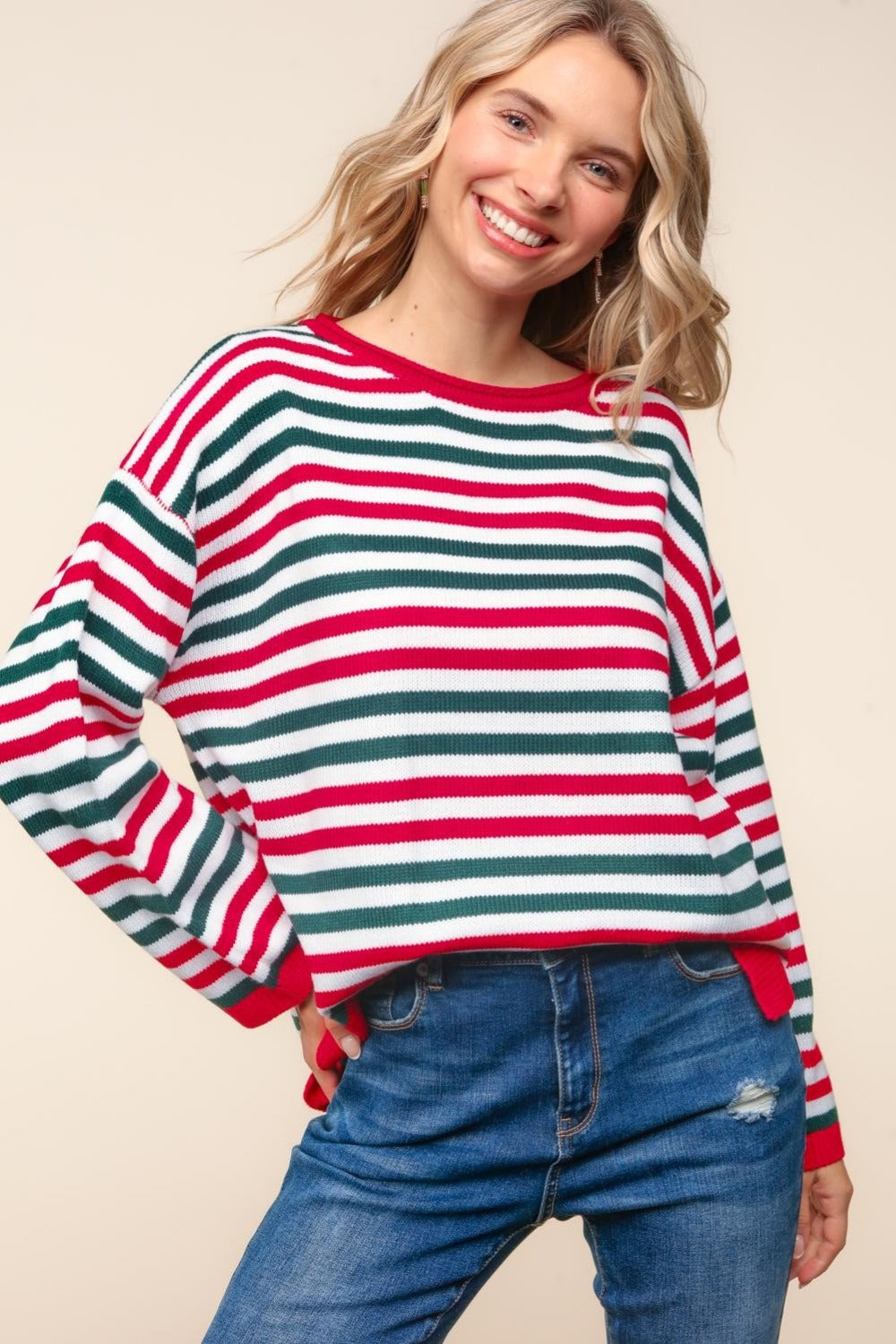 Striped Contrast Side Slit Knit Top