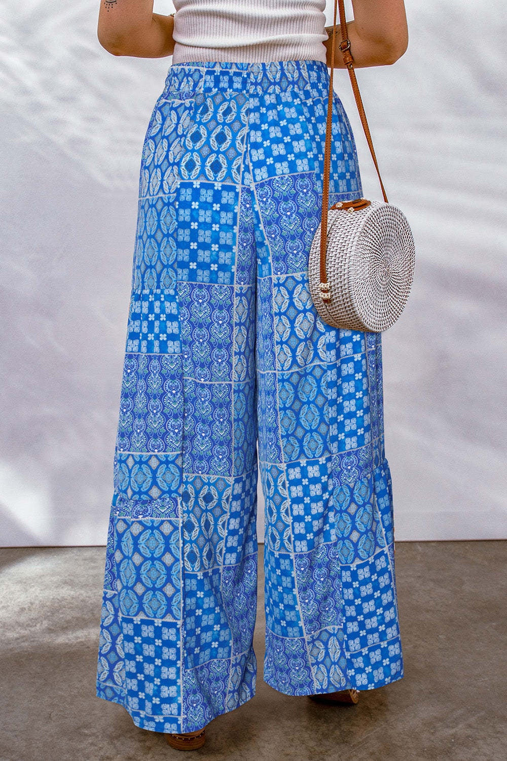 Drawstring Printed Wide Leg Pants