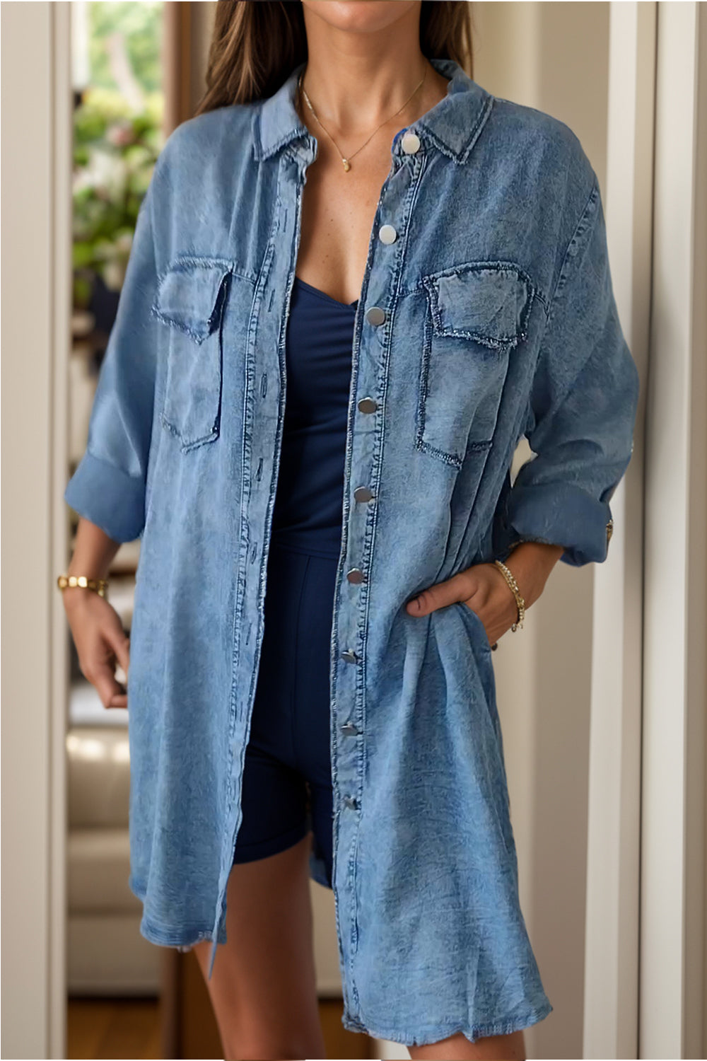 Pocketed Button Up Long Sleeve Denim Jacket