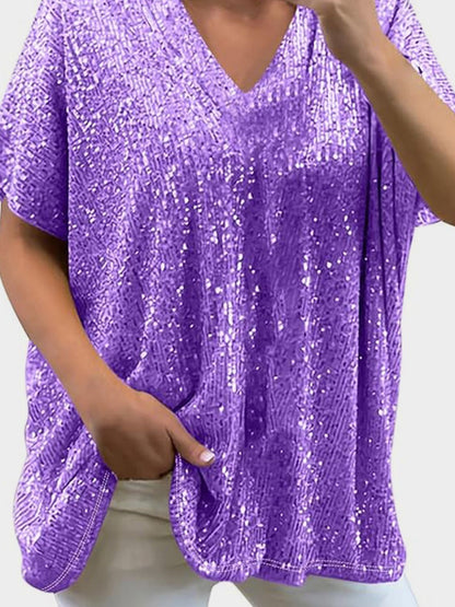 Sequin V-Neck Short Sleeve Top