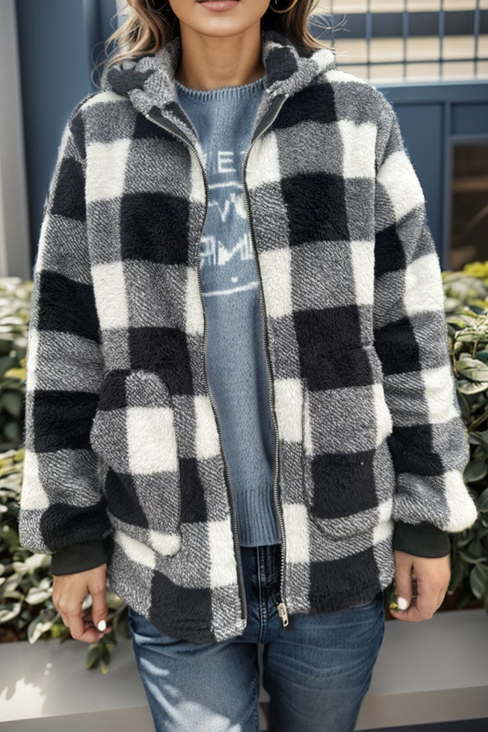 Plaid Long Sleeve Hooded Coat