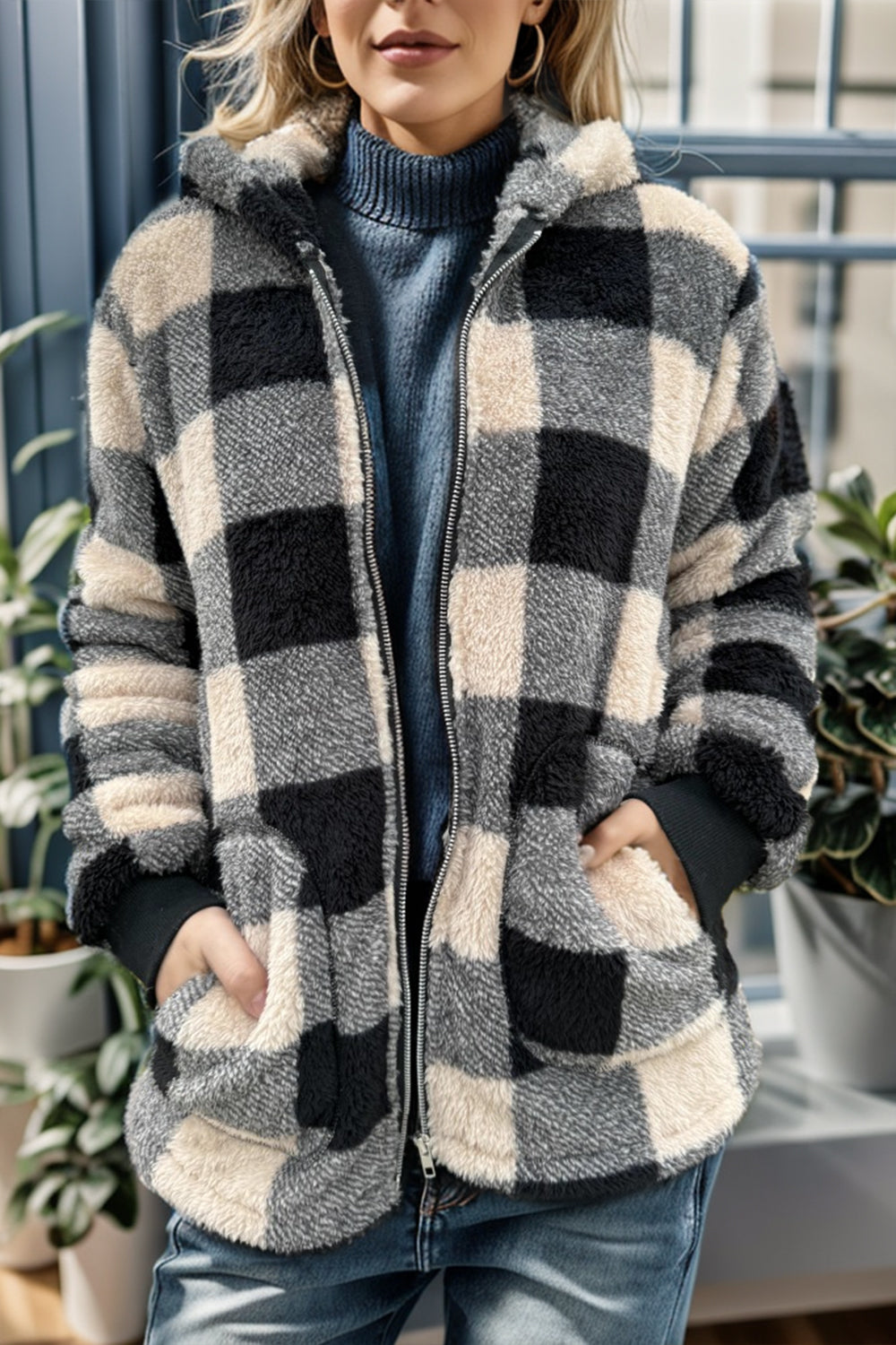 Plaid Long Sleeve Hooded Coat