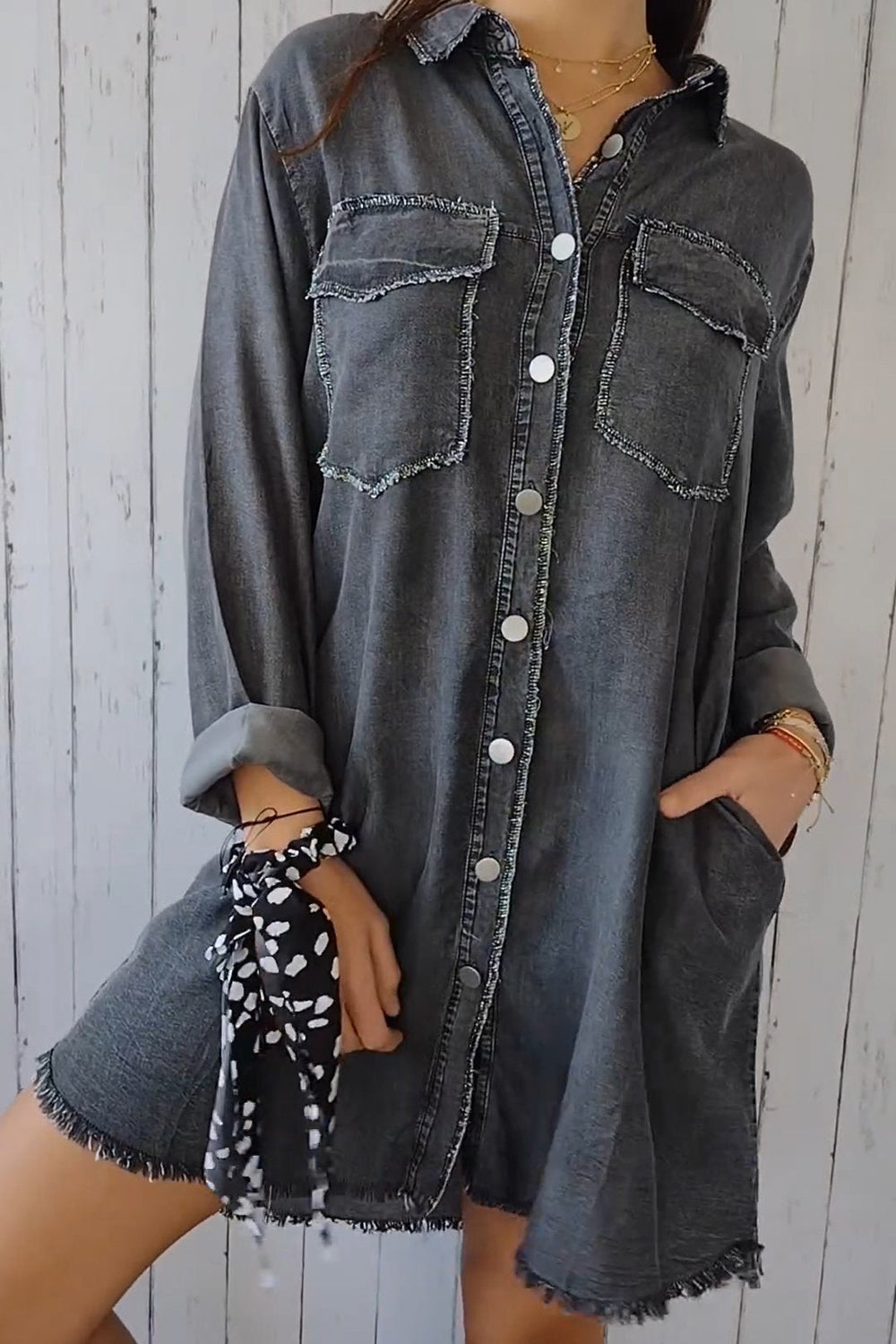 Pocketed Button Up Long Sleeve Denim Jacket