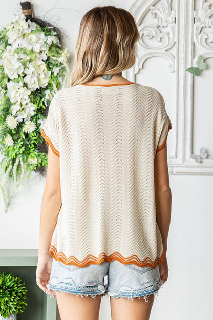 First Love Contrast Wavy Crochet Drop Shoulder Knit Top