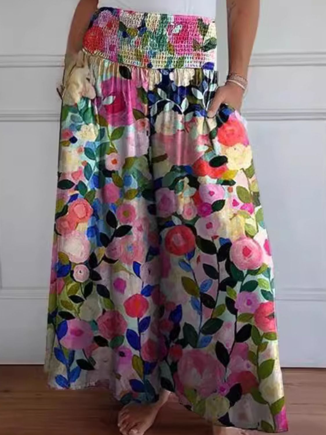 Smocked Wide Leg Pants with Pockets