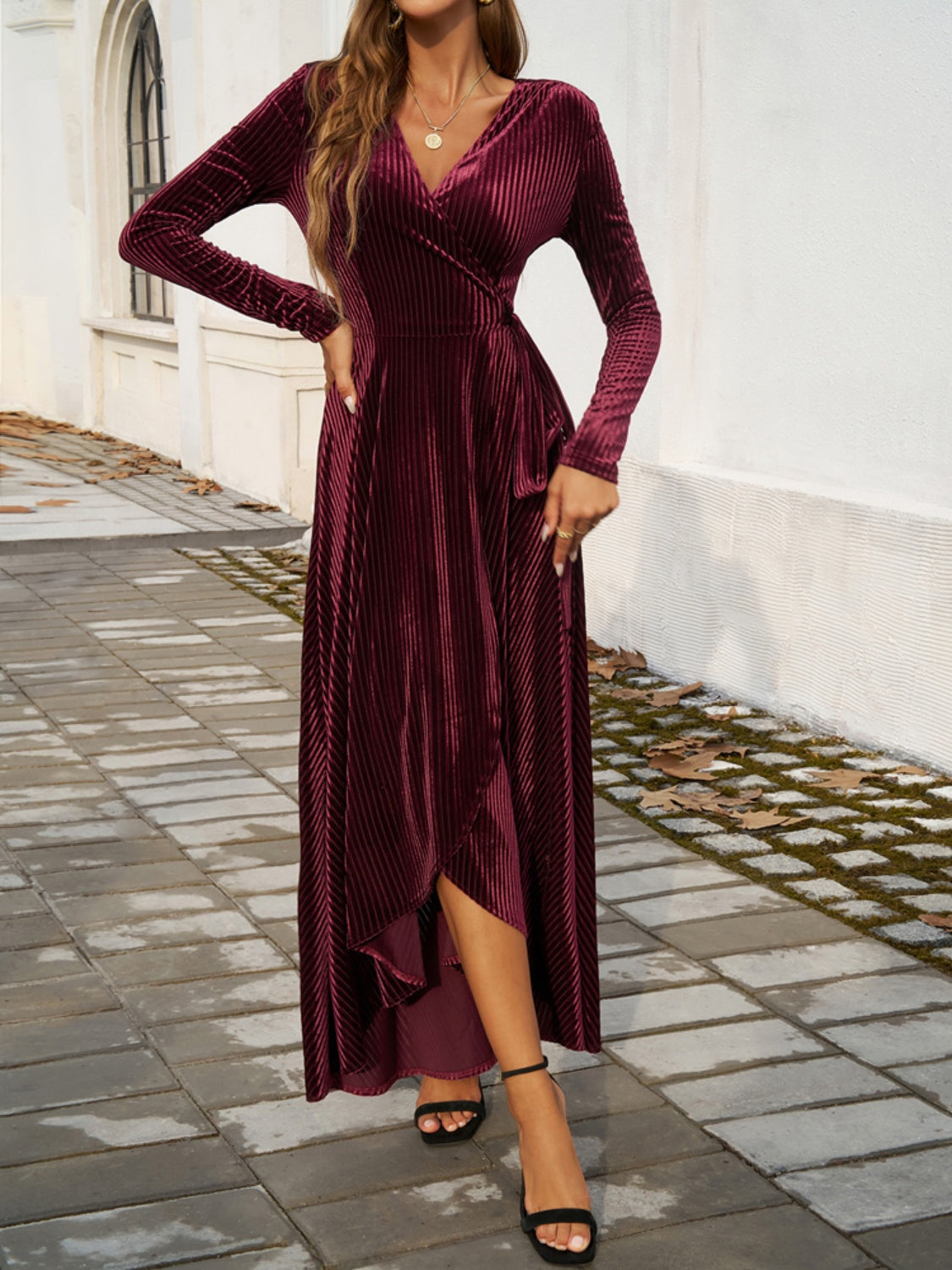 Split Surplice Long Sleeve Midi Dress