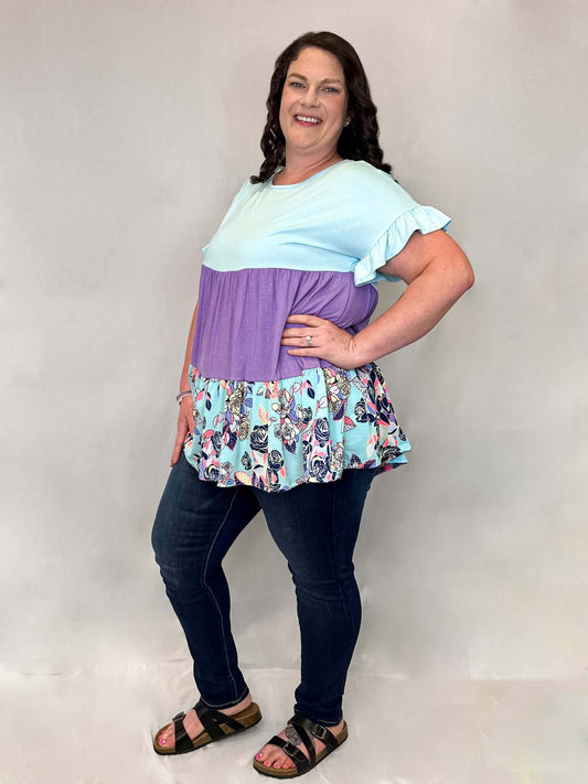 Aster Floral Tiered Top Purple, Blue, Multi-Colored