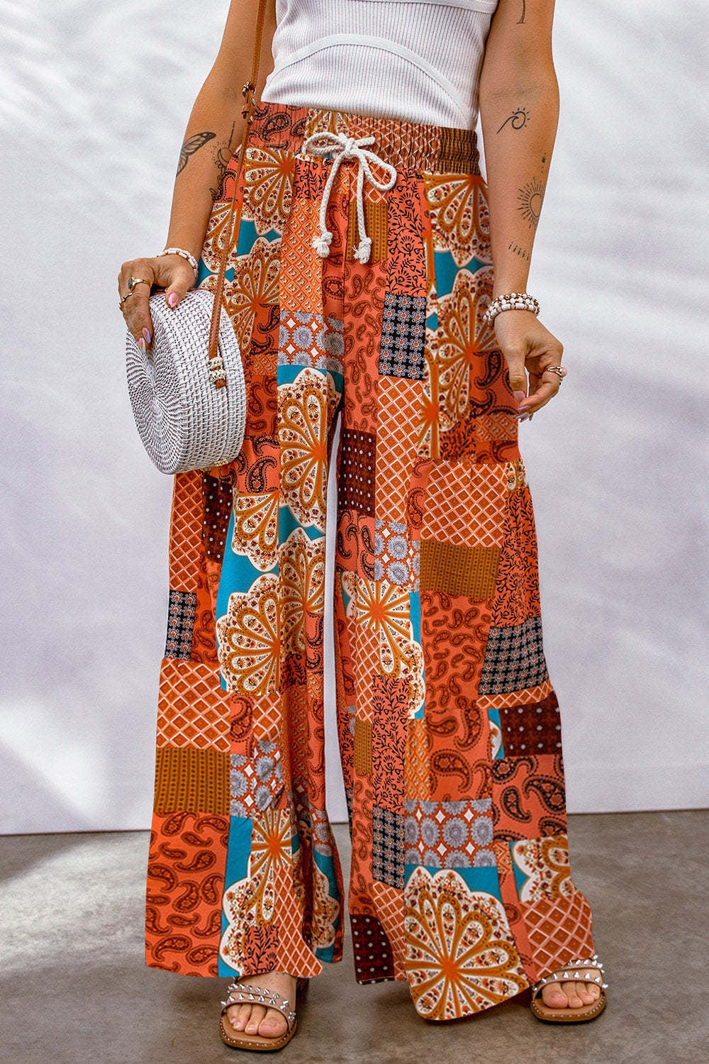 Drawstring Printed Wide Leg Pants