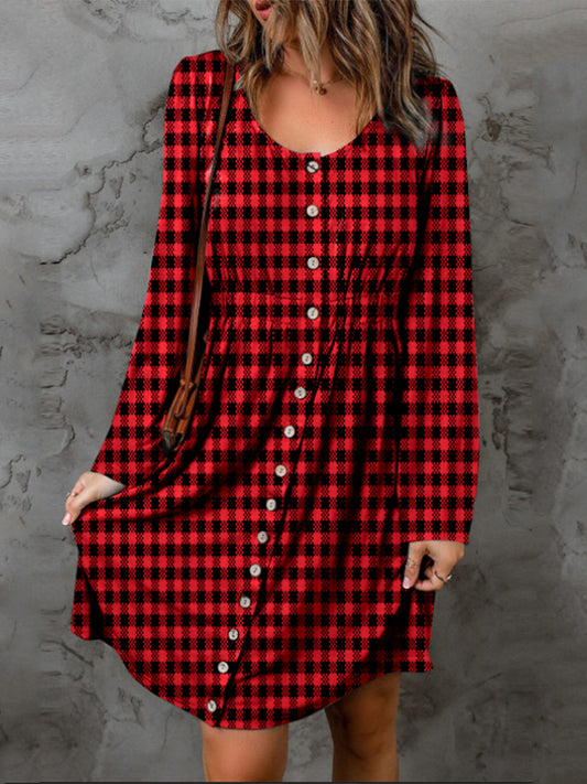 Plaid Round Neck Long Sleeve Magic Dress