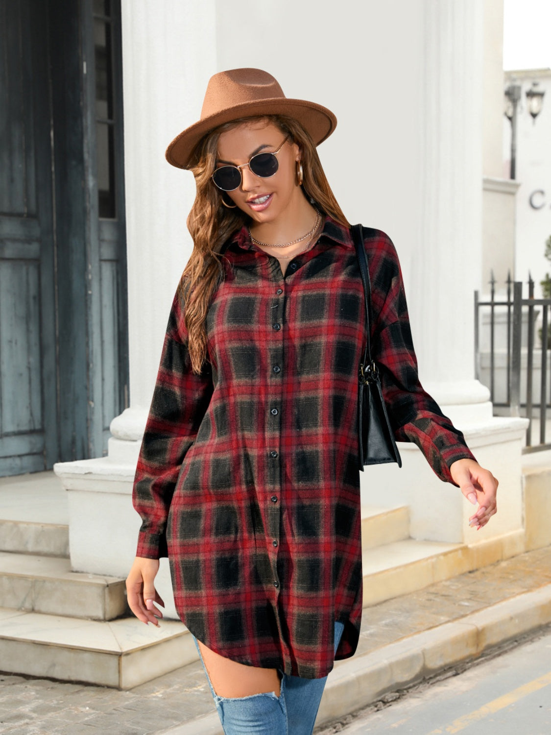 Plaid Button Up Dropped Shoulder Shirt