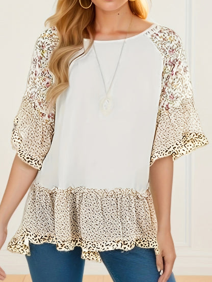 Full Size Frill Printed Round Neck Half Sleeve Blouse