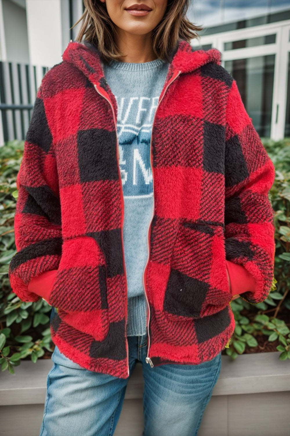 Plaid Long Sleeve Hooded Coat