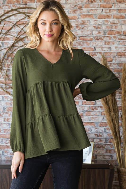 Green Long Puff Sleeve Solid Tiered Top