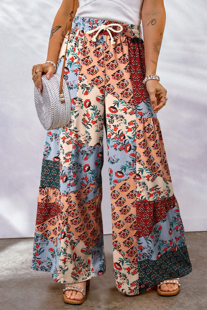 Drawstring Printed Wide Leg Pants