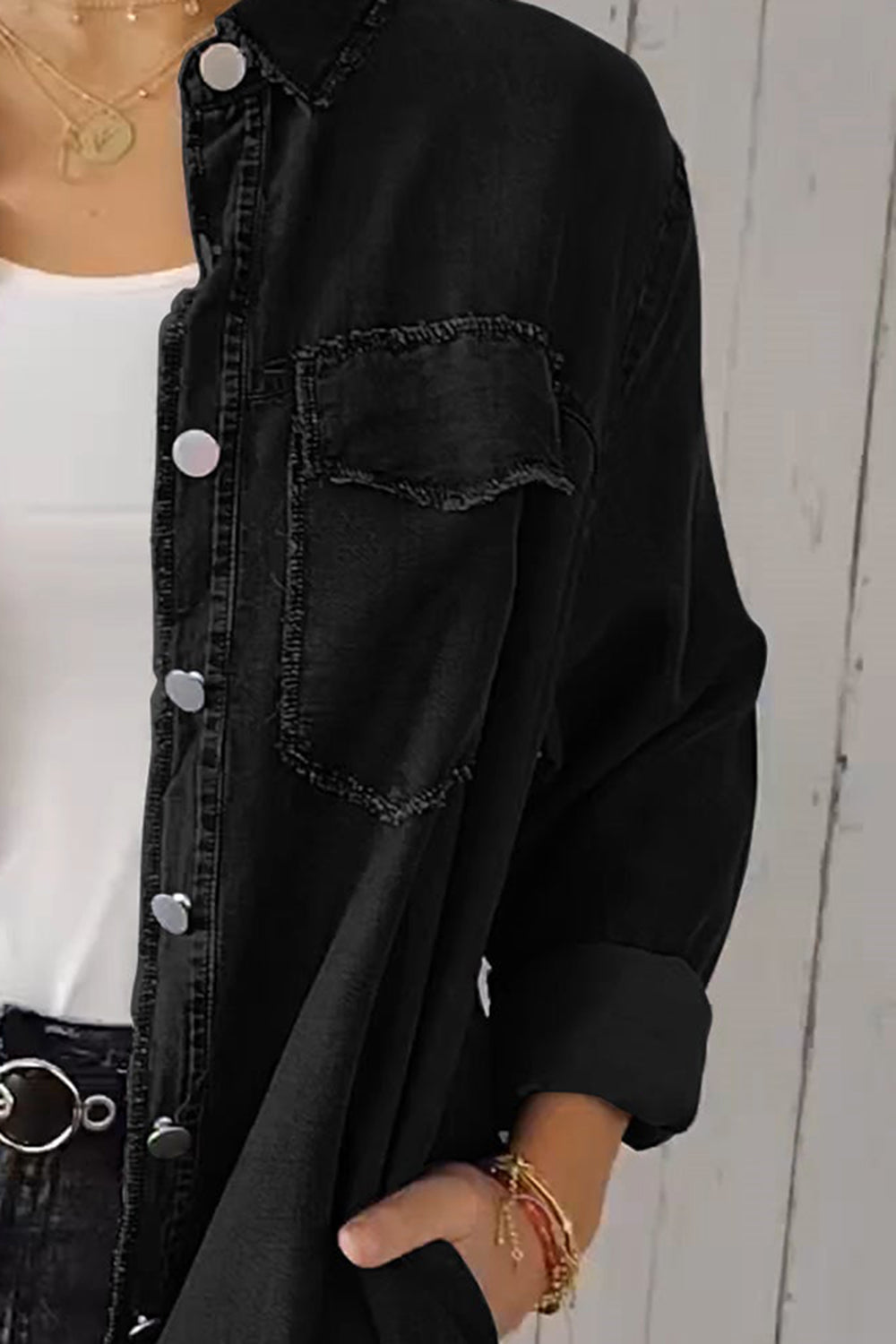 Pocketed Button Up Long Sleeve Denim Jacket