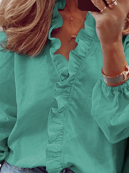 Ruffled V-Neck Long Sleeve Blouse