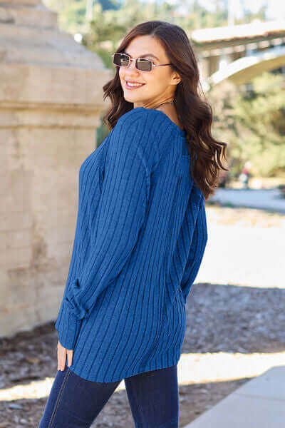 Royal Blue Ribbed Round Neck Long Sleeve Knit Top 