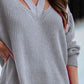 Gray V-Neck Rib-Knit Sweater