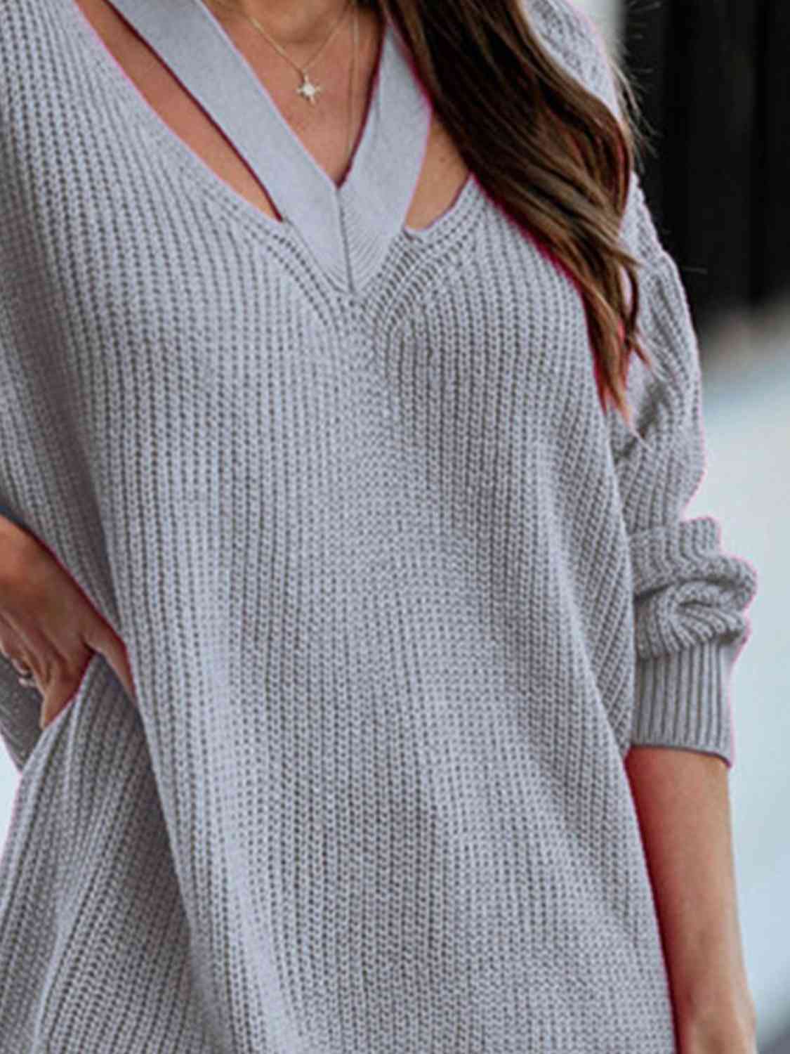 Gray V-Neck Rib-Knit Sweater