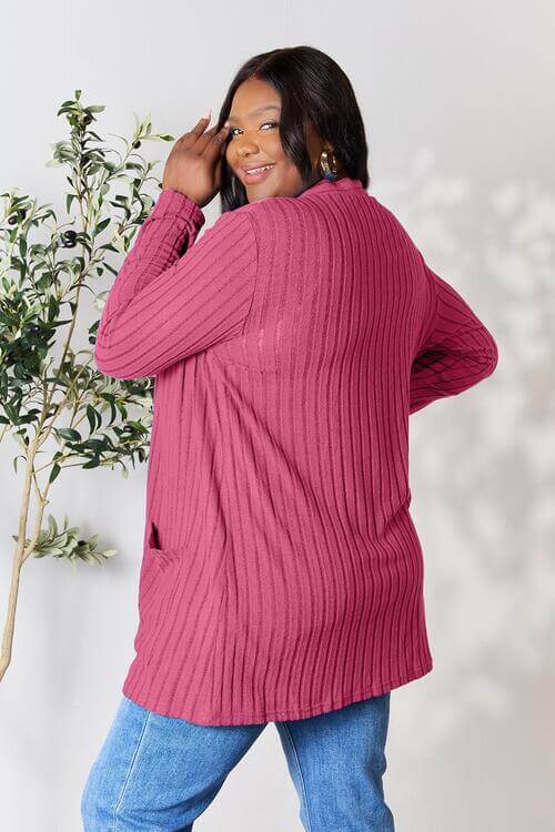 Fuchsia Pink Ribbed Open Front Cardigan With Pockets
