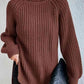 Turtleneck Rib-Knit Slit Sweater