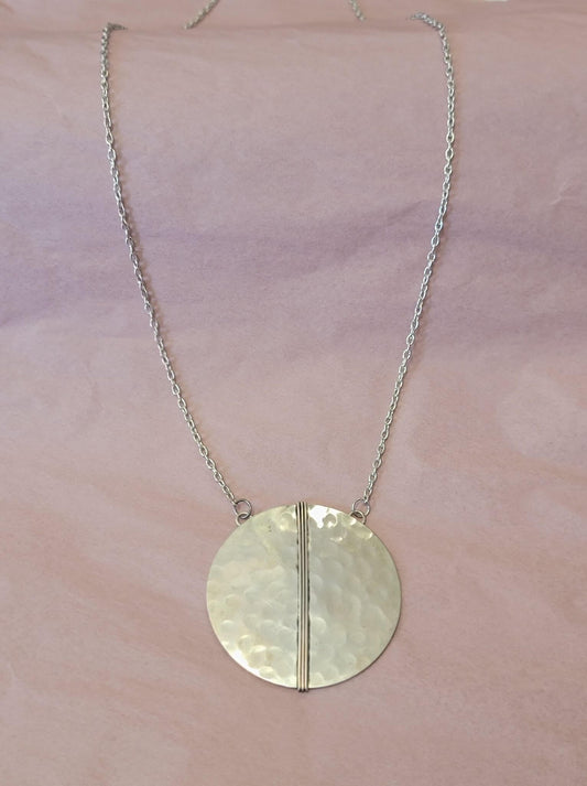 Silver Shield Round Hammered Long Necklace