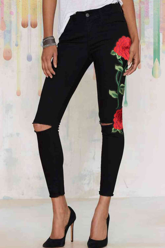 Rose Embroidery Cutout Edgy Jeans