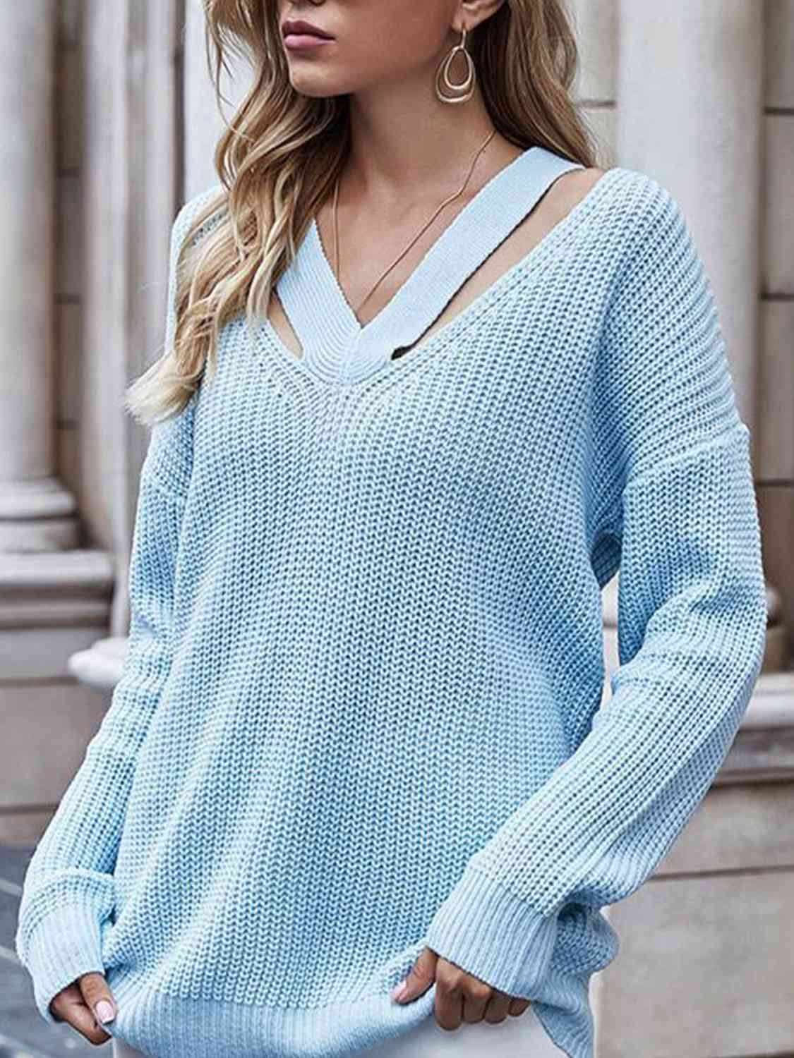 Blue V-Neck Rib-Knit Sweater
