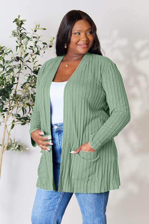 Gumleaf Green Ribbed Open Front Cardigan With Pockets