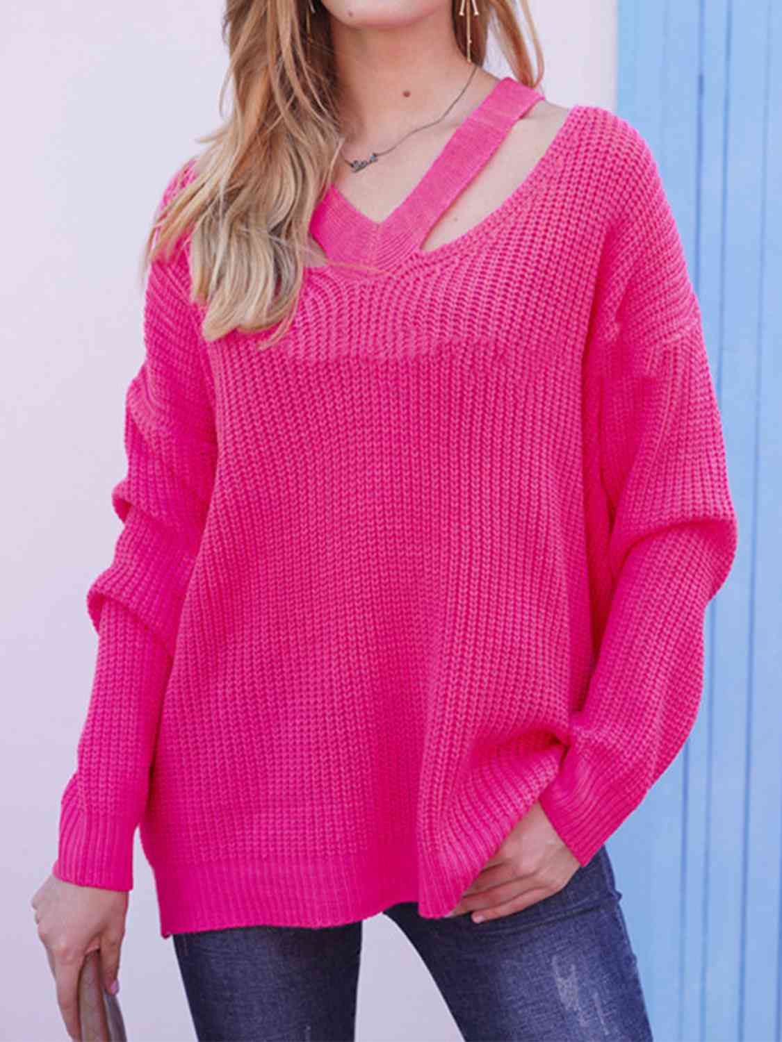 Pink V-Neck Rib-Knit Sweater