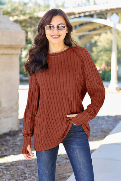 Brick Red Ribbed Round Neck Long Sleeve Knit Top