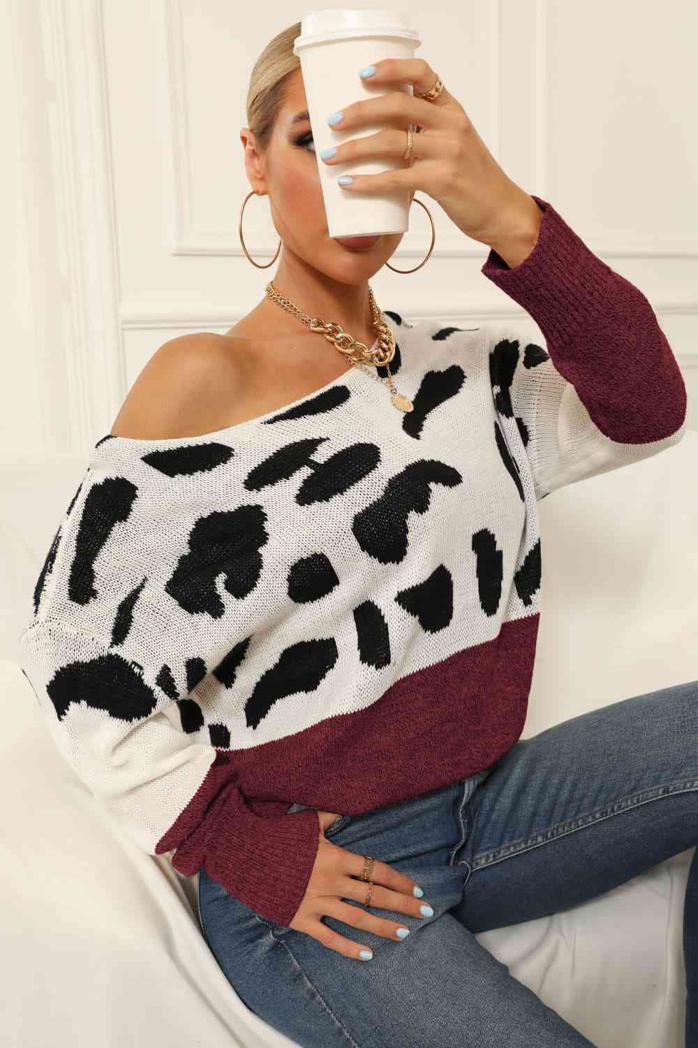 Burgundy Two Tone Boat Neck Sweater