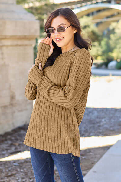Tan Brown Ribbed Round Neck Long Sleeve Knit Top 