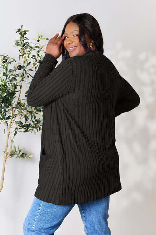 Black Ribbed Open Front Cardigan With Pockets