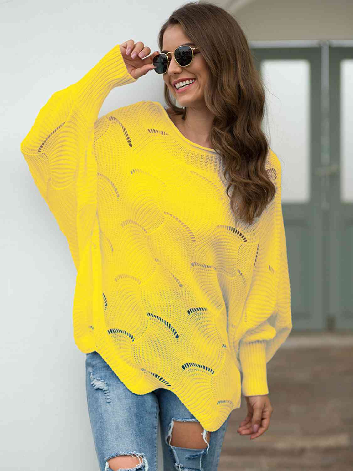 Canary Yellow Boat Neck Lantern Sleeve Openwork Knit Top