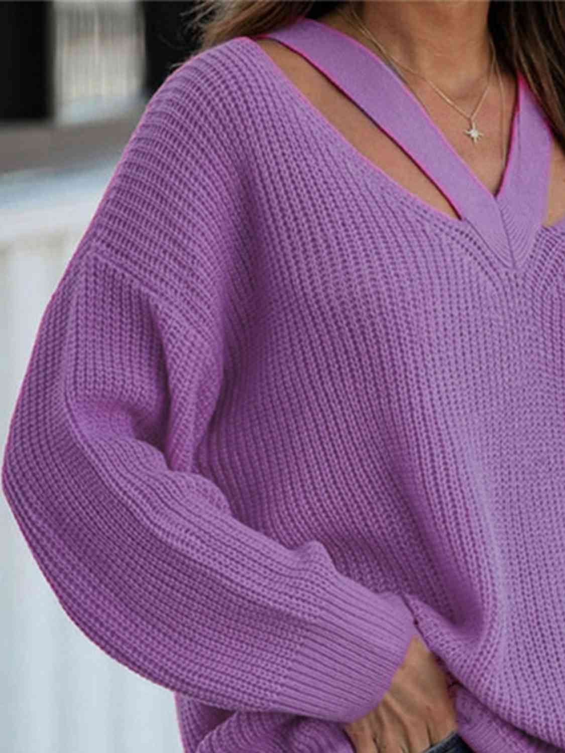 Purple V-Neck Rib-Knit Sweater