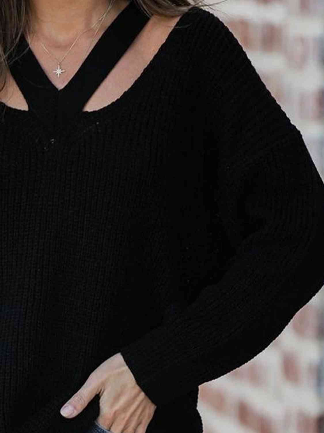 Black V-Neck Rib-Knit Sweater