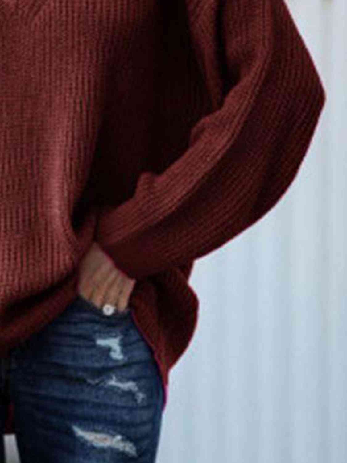 Brown V-Neck Rib-Knit Sweater