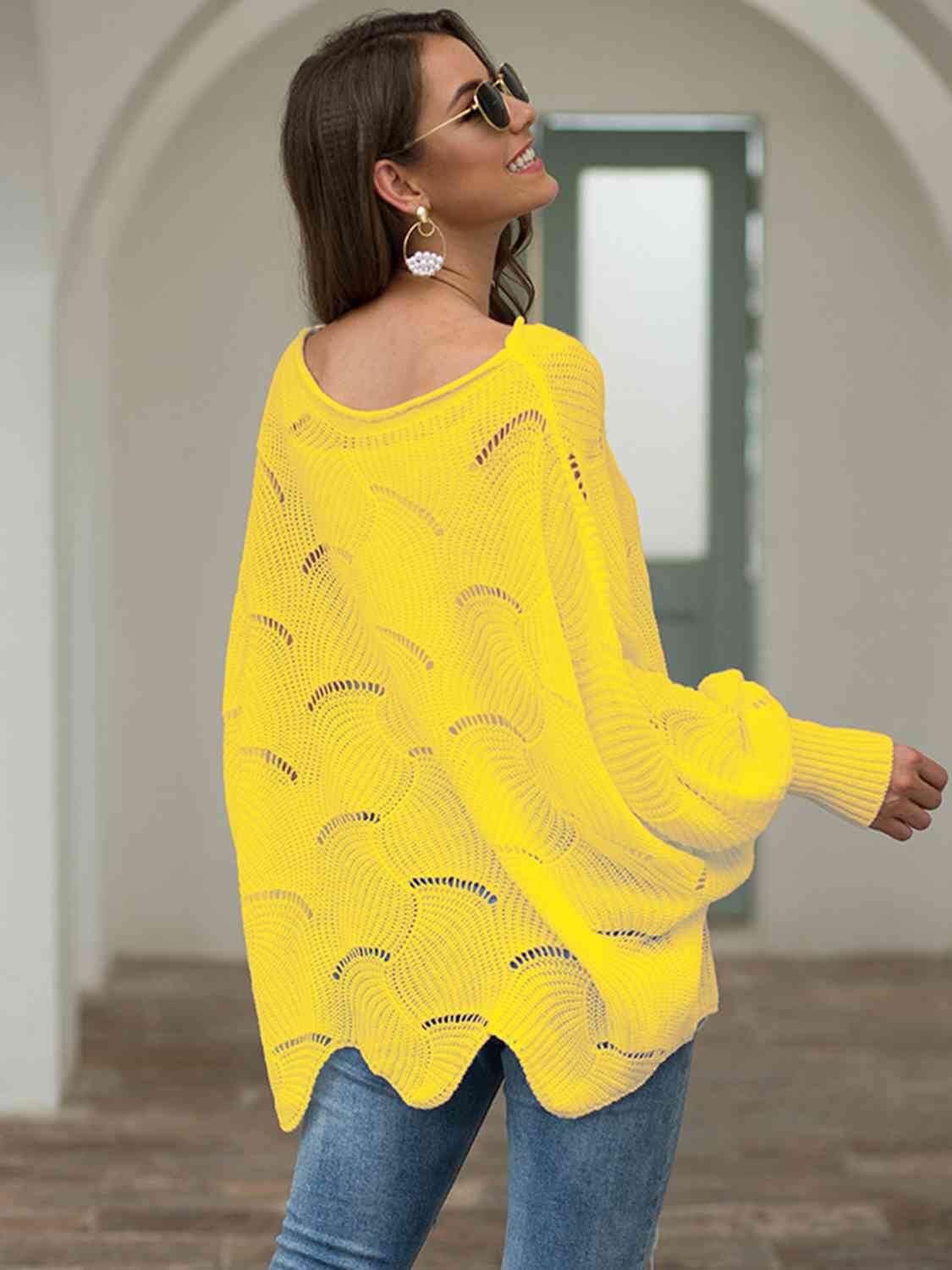 Canary Yellow Boat Neck Lantern Sleeve Openwork Knit Top