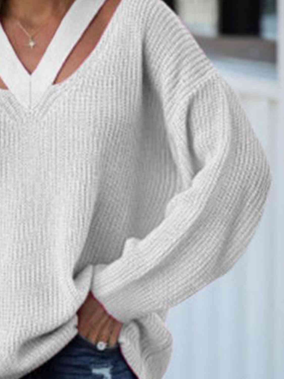 White V-Neck Rib-Knit Sweater
