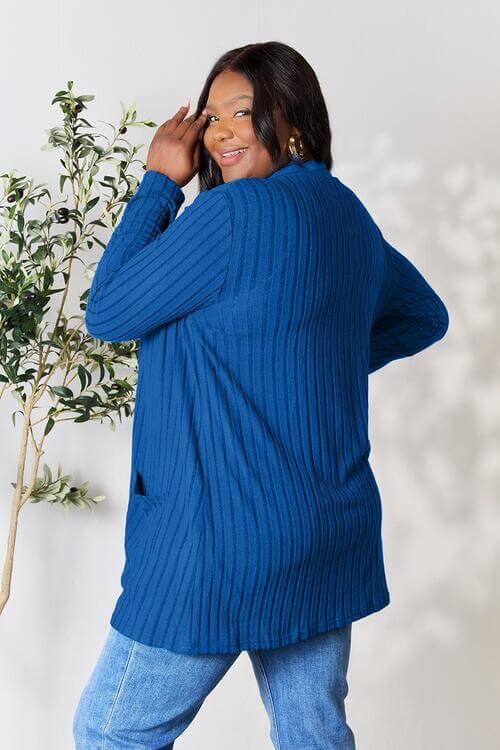 Navy Ribbed Open Front Cardigan With Pockets