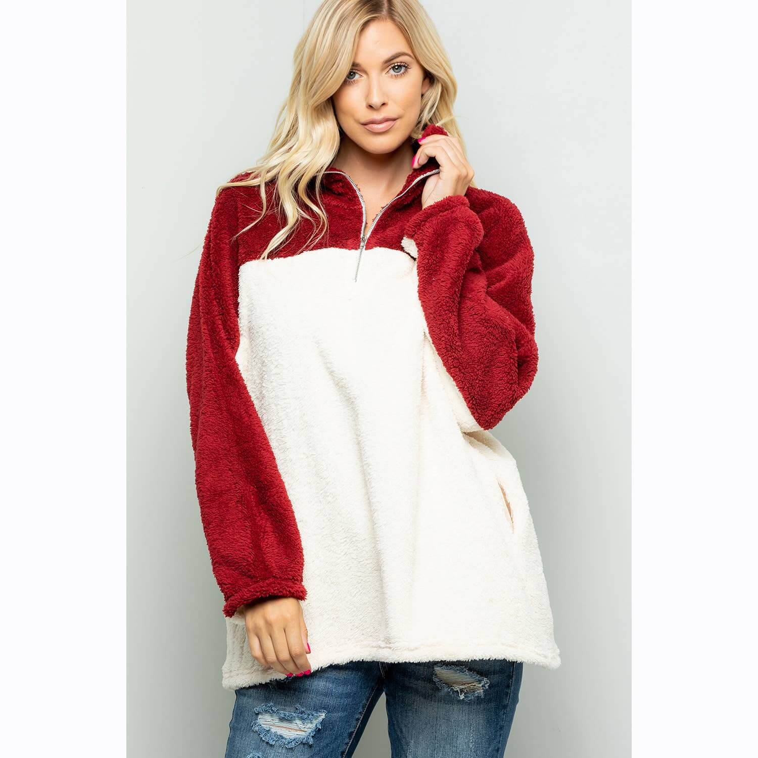 Red & White Faux Fur Soft Pullover